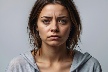 A young woman with a hood displays an intense and emotional expression, against a gray backdrop