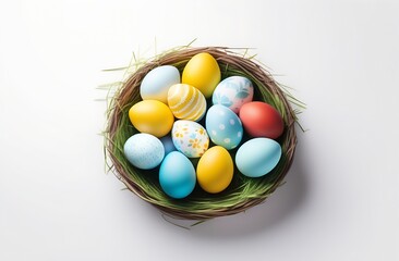 Easter eggs in a basket and on the table, white card, space for text