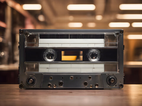 Vintage audio cassette tape on the wooden table with bokeh background
