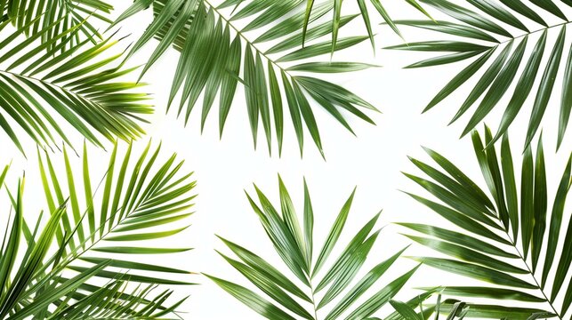 Palm leaves isolated on white background. Tropical palm leaves top view or flat lay. 