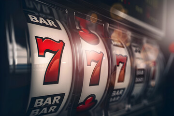 Slotautomat mit drehenden Walzen, Slots, virtuelle Automatenspiele, Casino, Glücksspiel, erstellt mit generativer KI - 745666614