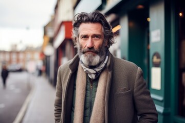 Portrait of a handsome senior man with grey beard and mustache in a city street