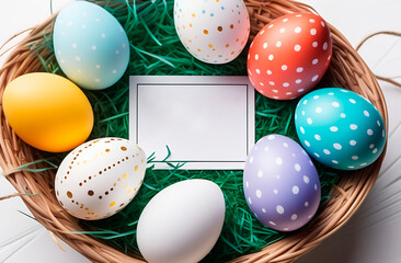 Easter eggs in a basket and on the table, white card, space for text