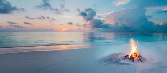 white sand beach near the sea at sunrise with a campfire burning. 