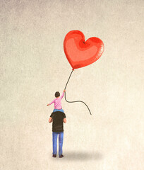 Father piggybacking child holding heart shaped balloon
