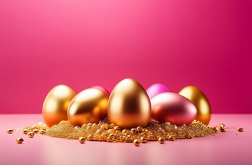 Easter golden eggs on pink background greeting card