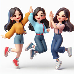 3d render of energetic, cute, smiling asian girls in fashion clothes celebrating success by jumping, high-fiving, and clapping hands, isolated on a white backdrop, 3d vector illustration