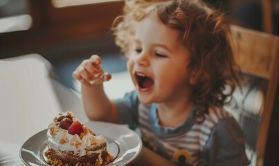 happy child eating a cake.  - obrazy, fototapety, plakaty