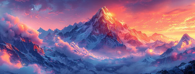 Sunset over the mountains, beautiful landscape of mountain. Created with Ai