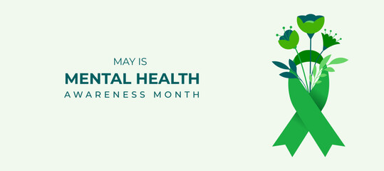 Mental Health Awareness Month. Raising awareness of mental health campaign. Green awareness ribbon with flowers. Vector concept design and illustration