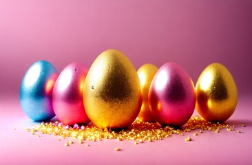 Easter golden eggs on pink background greeting card