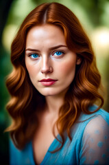 Painting of woman with red hair and blue eyes looking at the camera.