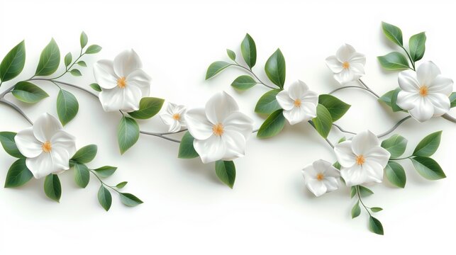 elegant white magnolia flowers and green leaves on a branch for serene nature design