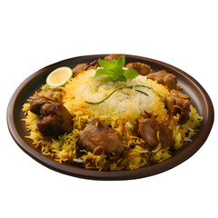 Biriyani, Basmoti rice biriyani, mutton biriyani, isolated on white transparent background.