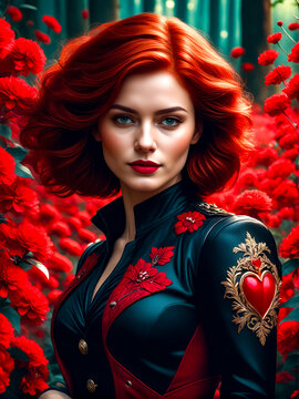 Painting of woman with red hair and heart on her chest.
