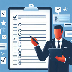 Checklist and clipboard task management verifying validity and assessment form concept, approve requests for document online evaluation test, Paperless online survey. - obrazy, fototapety, plakaty