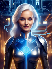Woman in futuristic suit standing in front of futuristic city background.