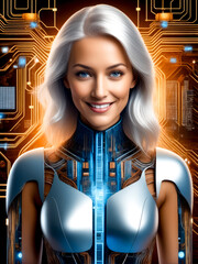 Woman in futuristic suit with blue light coming out of her chest.