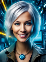 Digital painting of woman with white hair and blue eyes smiling at the camera.