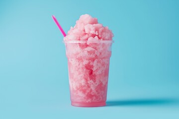 Pink crushed ice slushy in a clear cup with a straw, set against a complementary blue background