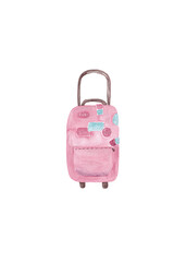 Pink suitcase with travel stickers. Watercolor cartoon