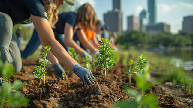 Earth Day. Planting trees in an urban environment. 