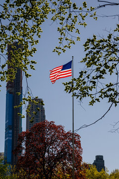 USA, New York State, New York City,American flag on flagpole in Central Park