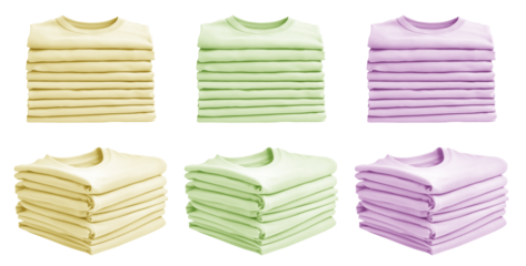  3 Set of pile stack group of folded blank pastel yellow green lime purple violet t shirt sweater round neck on transparent background cutout, PNG file. Mockup template for artwork graphic design