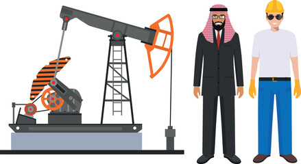 Arab Muslim Businessman, Worker in Safety Helmet and Oil Pump in Flat Style. Vector Illustration.