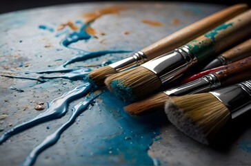 Obraz premium A Symphony of Strokes: The Artistic Journey of Brushes on a Vibrant Blue Palette, generative AI