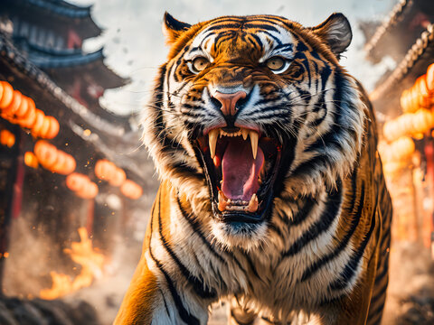 Close-up of a tiger yawning in front of the temple