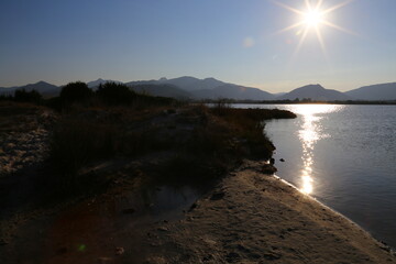 Beach dunes and mountains in La Cinta Beach in San Teodoro in Sardinia, Italy	
