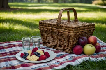 Serenity in Nature: A Relaxing Picnic Amidst Greenery with a Basket of Goodies, generative AI