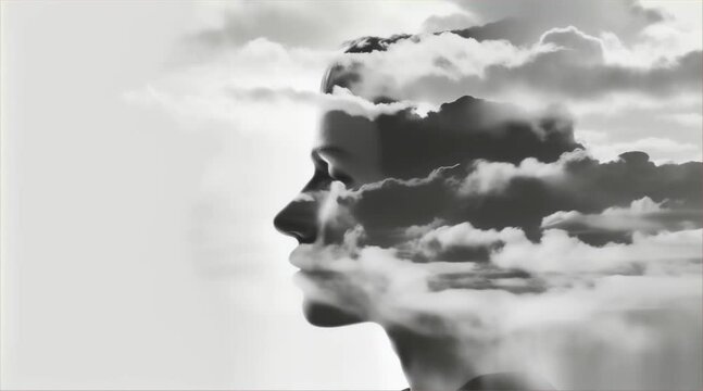 Human head profile with fog swirling around transitioning into clear skies symbolizing overcoming mental blocks