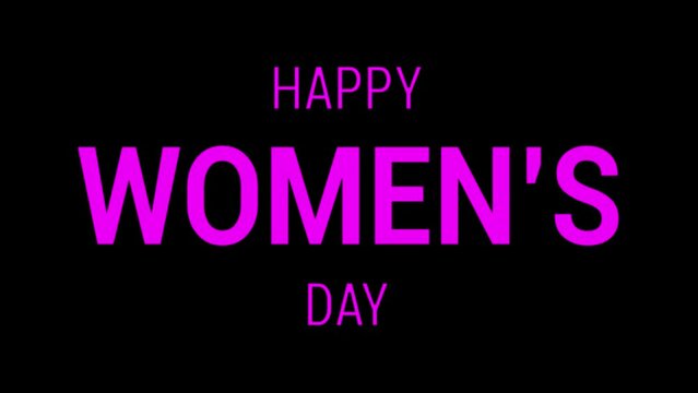 Happy Women's Day text with 3D rotating animation in pink font and black background. Perfect for Women's Day celebrations around the world. 4k video greeting card.