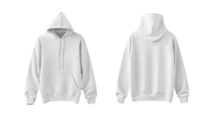 Isolated plain white hoodie mockup, seen from the front and back on a transparent white background