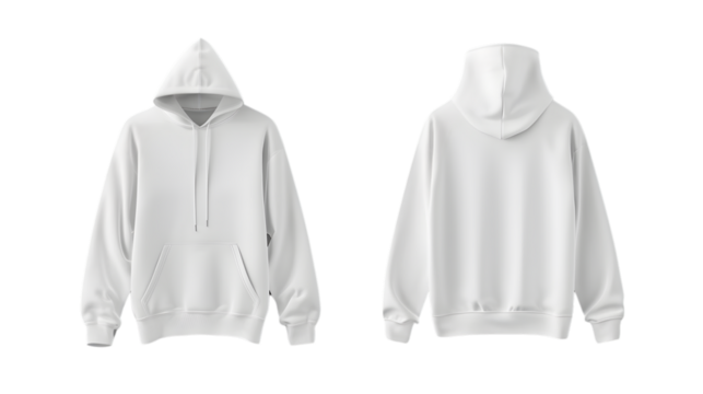 Isolated plain white hoodie mockup, seen from the front and back on a transparent white background
