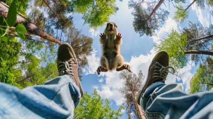 A squirrel attacks a man. An animal jumps on a person against the sky. First person view with human legs - obrazy, fototapety, plakaty
