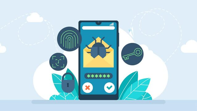 Email, envelope with bug. Virus, malware, email fraud, e-mail spam, phishing scam, hacker attack concept. Phone with alert, spam data, fraud error message, scam, virus. 2d flat animation	