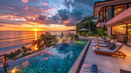 Fototapeta premium An elegant beachfront villa's infinity pool overlooks a serene sunset, blending luxury with the natural beauty of a seaside evening.