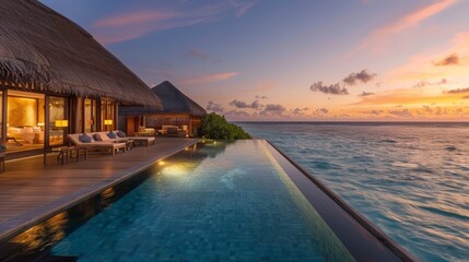 Fototapeta na wymiar A tranquil overwater bungalow featuring an infinity pool merges seamlessly with the ocean horizon at dusk, offering a peaceful retreat.