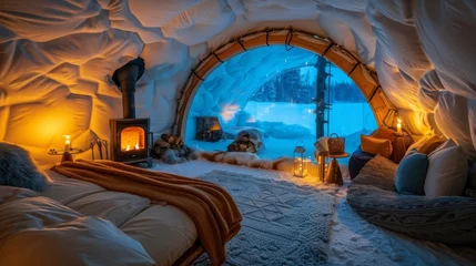 Foto auf Alu-Dibond Inside a snug igloo, a warm fireplace lights up the room, with a picturesque snowy landscape visible through a clear dome window. © doraclub