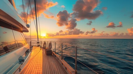 The first light of sunrise illuminates the deck of a sleek yacht, sailing on the serene, blue ocean...