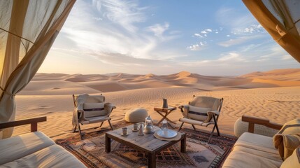 Fototapeta na wymiar Luxury meets wilderness in this glamping setup with comfortable chairs and a bed, set against the backdrop of soft sand dunes in a tranquil desert oasis at dawn.