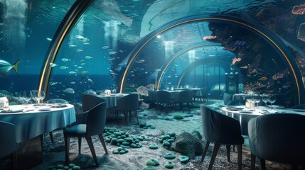 An exquisite underwater dining space surrounded by a mesmerizing marine life aquarium, creating an unforgettable elegant dining experience below the surface.