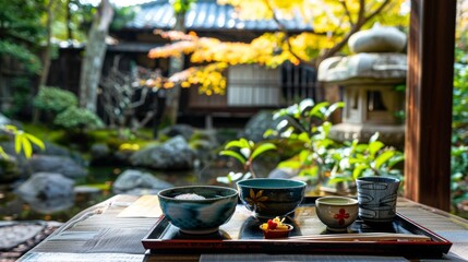 A traditional Japanese tea setting awaits on a wooden table, amidst the tranquil beauty of an autumn garden with vibrant foliage, offering a moment of zen.