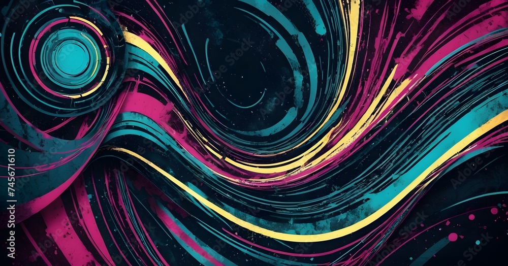 Poster swirling lines and colors merge in a dynamic abstract composition, evoking movement and creative flo
