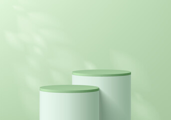 3D green podium background with white cylinder pedestal and leaf natural light scene. Platforms mockup stand product display presentation. Abstract pastel composition in minimal design. Stage showcase © Riseness