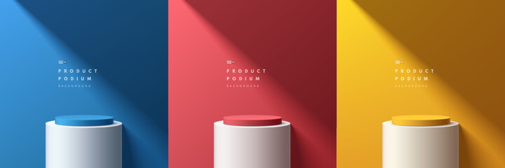 Set of podium 3D background with yellow, blue, red, white cylinder stand product pedestal on window light scene. Abstract composition in minimal design. Platforms mockup stand product display design.