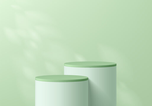 3D green podium background with white cylinder pedestal and leaf natural light scene. Platforms mockup stand product display presentation. Abstract pastel composition in minimal design. Stage showcase